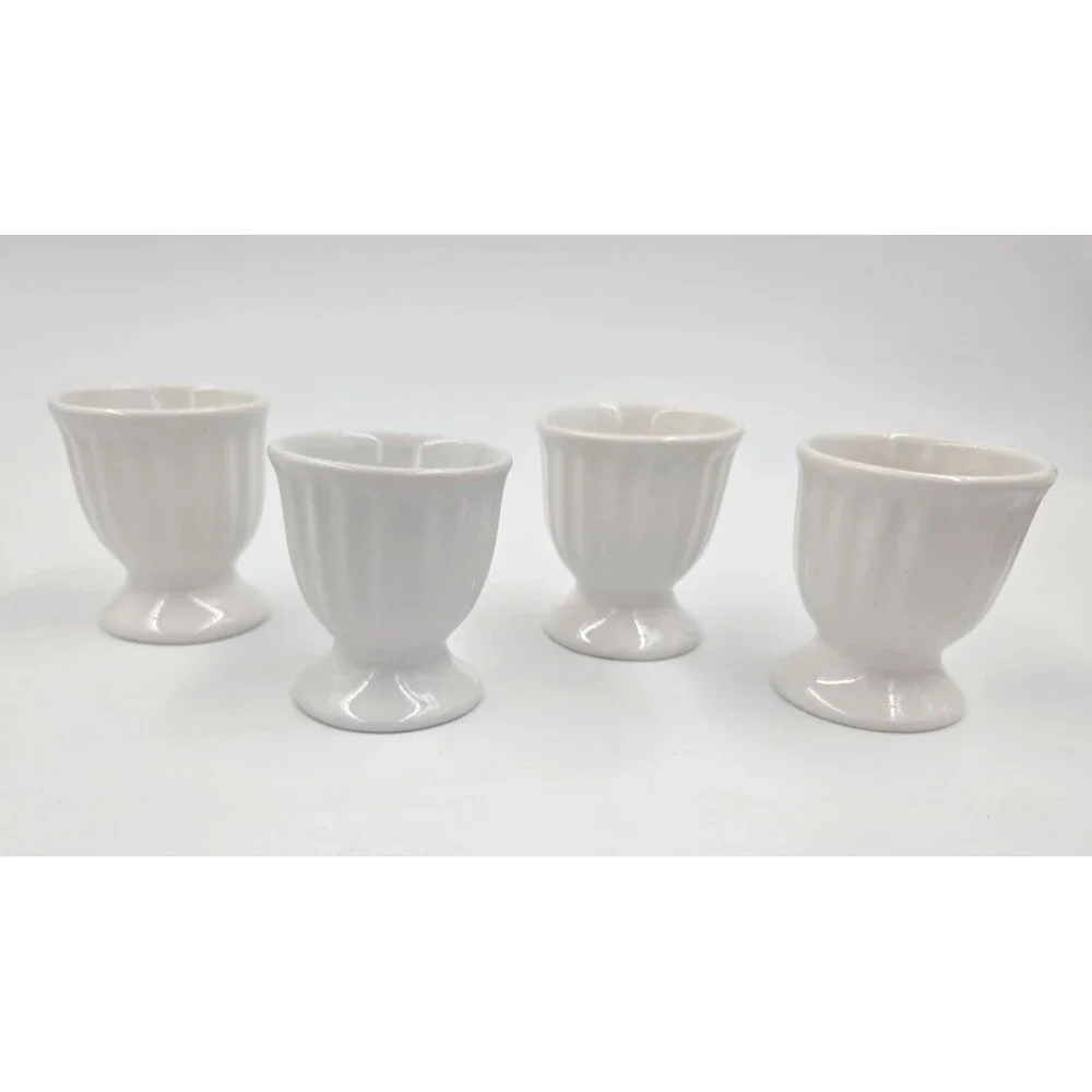 4  Pier 1 Ceramic Egg Cups White w Ribs - Marked Set of 4